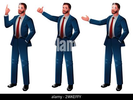 Illustrazioni che mostrano uomini d'affari impegnati con sicurezza in vari gesti di presentazione. Ogni illustrazione cattura l'essenza di un'efficace virgola Illustrazione Vettoriale