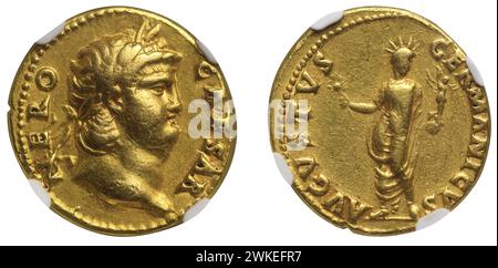 Aureo dell'imperatore Nerone. Dritto: Capo laureato di Nerone. Rovescio: Il colosso di Nerone. Museo: COLLEZIONE PRIVATA. Autore: Ancient Coins Numismatic. Foto Stock