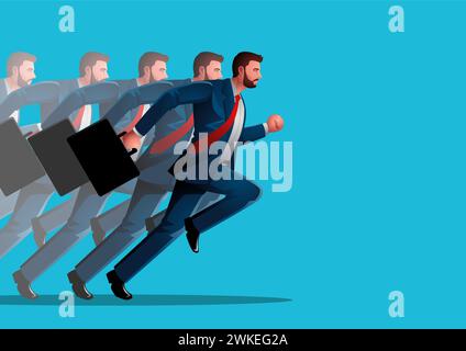 Illustrazione che raffigura un uomo d'affari determinato con una tuta, che corre con la valigetta in mano. Rappresentazione della velocità, dell'urgenza, dell'essenza della guida, dell'ambitio Illustrazione Vettoriale