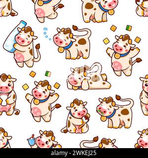 Cartoni animati cartoni animati con motivo senza cuciture o sfondo vettoriale con latte. Mucca o animale da fattoria allegro e divertente con mammelle e campanella che mangiano erba e gelato, giocando a formaggio e bottiglia di latte secondo lo schema Illustrazione Vettoriale