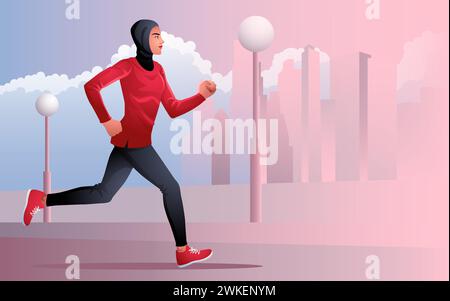 Illustrazione di una donna musulmana attiva in un hijab, jogging e corsa all'aperto sullo sfondo di un paesaggio urbano, fitness e stile di vita sano Illustrazione Vettoriale