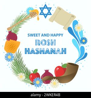 Illustrazione vettoriale del cerchio decorativo Rosh Hashanah per etichetta o biglietto di auguri Illustrazione Vettoriale