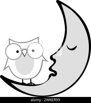 Simpatico gufo cartoni animati seduto su una luna mezzaluna dormiente rotonda, grafica t-shirt, poster, concetto di festa, grafica tessile, simpatica illustrazione per abbigliamento o. Illustrazione Vettoriale