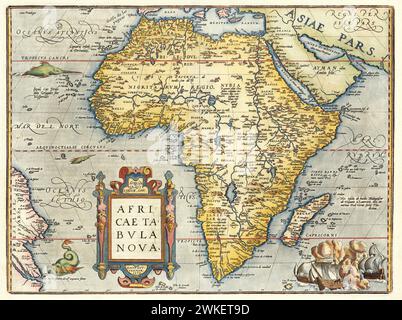 "Africae Tabula Nova". Africa. Vintage Illustrated Continental Map from Abraham Ortelius' Theatrum Orbis Terrarum, pubblicato nel 1595. Foto Stock