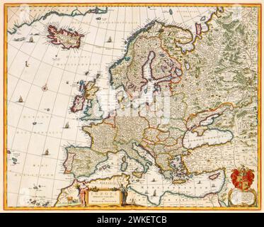 L'editore Nicolaes Visscher ha pubblicato una mappa d'Europa illustrata d'epoca. Dell'atlante del XVII secolo. Intorno agli anni '1680 Foto Stock