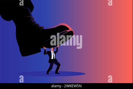 Illustrazione vettoriale di un gigantesco stivale dell'esercito che calpesta un uomo, dittatore, sotto pressione, concetto di oppressione Illustrazione Vettoriale