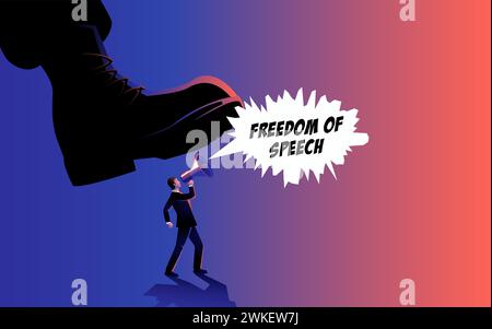 Un uomo che tiene un megafono, grida il suo messaggio mentre un esercito sta per calpestarlo, simboleggia la soppressione. Illustrazione Vettoriale