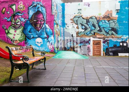 Alcune immagini molto sorprendenti dei superbi graffati del parco di skateboard Reykjavik. Foto Stock