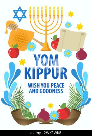 Illustrazione vettoriale dei simboli decorativi e delle grafiche di Yom Kippur per striscioni o biglietti di auguri Illustrazione Vettoriale