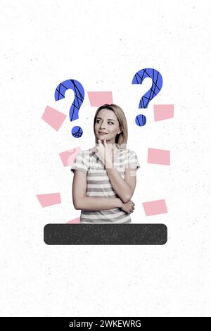 Grafica astratta modello immagine collage di una signora premurosa che fa domande sfondo bianco isolato Foto Stock