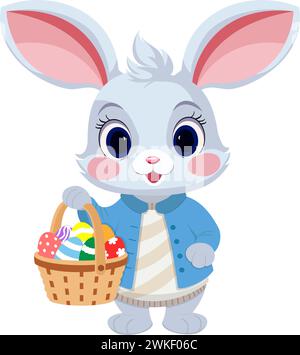 Illustrazione vettoriale. Coniglietto di Pasqua con cestino di Pasqua pieno di uova di Pasqua decorate. Isolato su sfondo bianco. Illustrazione Vettoriale