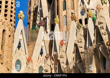 Facciata della passione, la basilica della Sagrada Familia. Barcellona. Spagna. La Basilica e la Chiesa espiatoria della Sacra famiglia è un grande cattolico romano Foto Stock