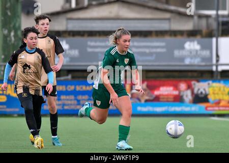 Carmarthen, Galles. 27 novembre 2022. Casi Gregson della FAW Girls Academy South Under 16 in azione durante la partita della FAW Academy South Under 14 League tra Carmarthen Town Academy Under 14 e FAW Girls Academy South Under 16 al Richmond Park di Carmarthen, Galles, Regno Unito il 27 novembre 2022. Crediti: Duncan Thomas/Majestic Media. Foto Stock