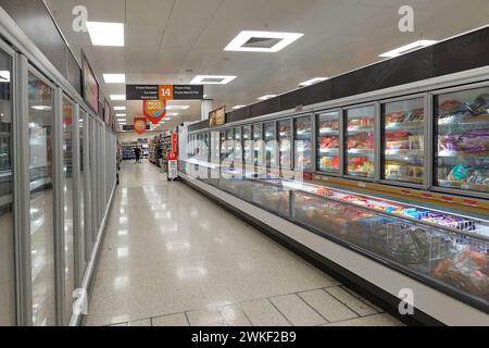 Corridoio per lo shopping di prodotti surgelati nel supermercato Sainsburys armadi frigoriferi interni con dessert gelaterie catena di distribuzione di gelati a Londra, Inghilterra, Regno Unito Foto Stock