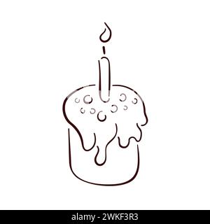 Torta di Pasqua felice con candela in stile art di linea. Dolci dolci con glassa tritata a mano. Illustrazione vettoriale isolata su sfondo bianco. Illustrazione Vettoriale