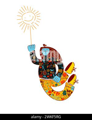 Ballare e saltare ragazza. Illustrazione dei trend. disegno a mano. Non ai, illustrazione vettoriale Illustrazione Vettoriale