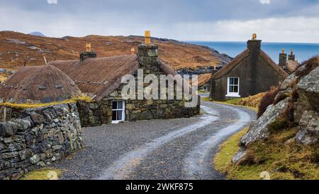 Gearrannan Blackhouse Village sull'Isola di Lewis nelle Ebridi esterne Foto Stock