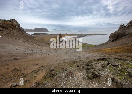 Vista panoramica delle isole sub-antartiche delle Shetland meridionali con geologia ignea, una colonia di pinguini Gentoo e un gruppo di foche degli elefanti meridionali. Foto Stock