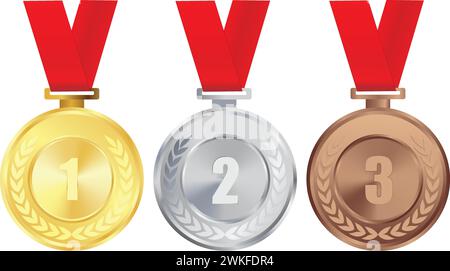 Medaglia d'oro realistica con nastro rosso Vector, 1° premio d'oro, 1° premio, nastro rosso Golden Challenge Award, consegna premio, vincitore della medaglia, primo Illustrazione Vettoriale