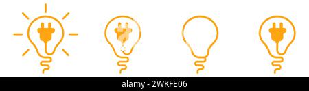 Simbolo dell'idea. Concept set di luce. Una lampadina con circuito a spina. Set di icone delle lampadine elettriche in diverse varianti vettoriali. Illustrazione Vettoriale