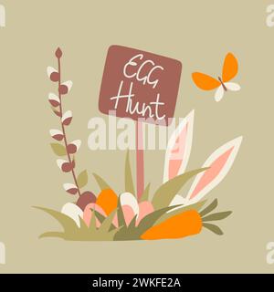 Illustrazione isolata Cartoon Easter Egg Hunt. Bunny Ears, Sign, Willow, Carrot, cartello di legno. Modello piatto vettoriale per Holiday Card, banner, Decoratio Illustrazione Vettoriale