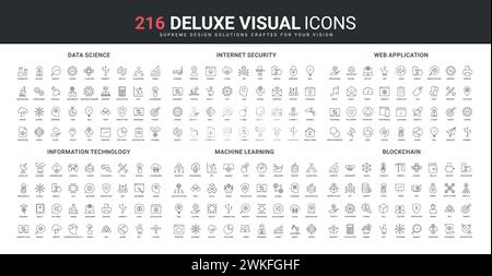 Sicurezza Internet, criptovaluta e apprendimento automatico, set di icone di linea ai. Scambio di dati, tecnologia blockchain e algoritmo web, pericolo di furto di denaro sottile simboli neri illustrazione vettoriale Illustrazione Vettoriale