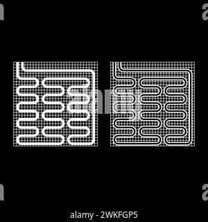 Riscaldamento a pavimento elettrico icona del set riscaldato a caldo immagine vettoriale di colore bianco semplice contorno pieno linea di contorno sottile e piatto Illustrazione Vettoriale