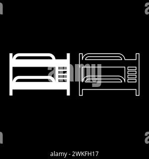Icona del set di letti a castello a due piani, immagine vettoriale di colore bianco, contorno di riempimento semplice e pieno, linea di contorno sottile e piatta Illustrazione Vettoriale