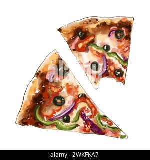 Preparare due fette di pizza con olive, peperoni e mozzarella. Illustrazione digitale isolata ad acquerello su sfondo bianco Foto Stock