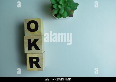 Concetto dei cubi di legno con la parola OKR su sfondo di legno. Foto Stock