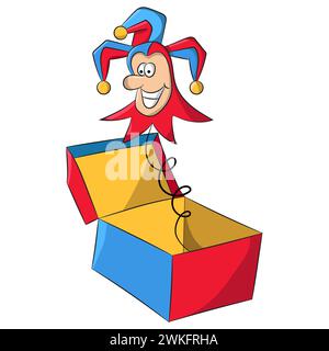 Il personaggio dei cartoni animati Jester Jack-in-the-box che esce dalla scatola, April stupisce un elemento di stile Illustrazione Vettoriale