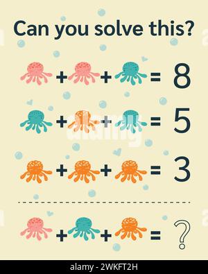 Enigma matematico per bambini e adulti. Equazioni delle immagini, divertente foglio di lavoro matematico delle immagini. Formato vettoriale. Illustrazione Vettoriale