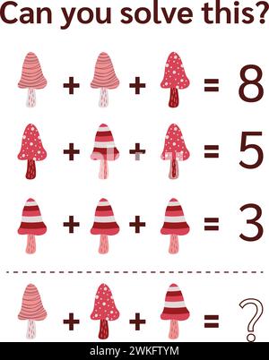 Enigma matematico per bambini e adulti. Equazioni delle immagini, divertente foglio di lavoro matematico delle immagini. Formato vettoriale. Illustrazione Vettoriale