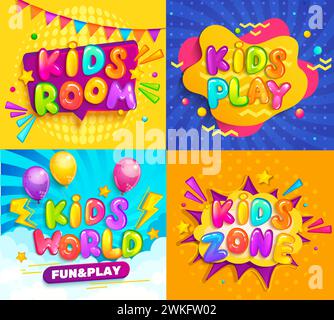 Set di striscioni di mondo per bambini, camera, zona. Illustrazione Vettoriale