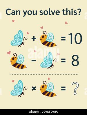 Enigma matematico per bambini e adulti. Equazioni delle immagini, divertente foglio di lavoro matematico delle immagini. Formato vettoriale. Illustrazione Vettoriale