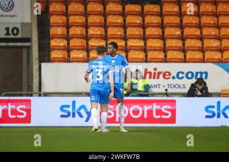 Blackpool, Regno Unito. 20 febbraio 2024. Malik Mothersille di Peterborough United celebra il suo obiettivo di raggiungere il 0-1 durante la semifinale del Bristol Street Motors Trophy Blackpool vs Peterborough United a Bloomfield Road, Blackpool, Regno Unito, 20 febbraio 2024 (foto di Gareth Evans/News Images) a Blackpool, Regno Unito, il 20/2/2024. (Foto di Gareth Evans/News Images/Sipa USA) credito: SIPA USA/Alamy Live News Foto Stock