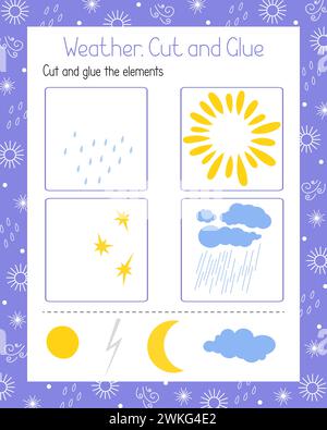 Elementi meteorologici scarabocchiano, tagliano e incollano attività didattiche per bambini, fai da te, semplice foglio di lavoro stampabile con illustrazioni vettoriali, concetto di apprendimento per attività ricreative, risorse per gli insegnanti Illustrazione Vettoriale