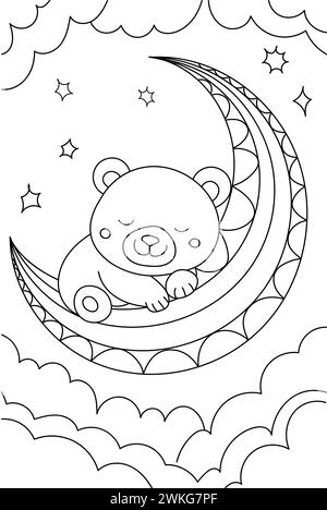 Il libro da colorare per bambini presenta Sleeping Bear on Moon Page, adatto anche agli scolari Illustrazione Vettoriale