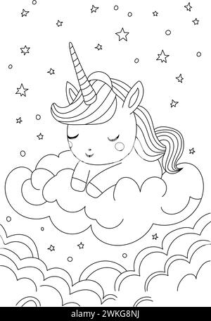 Unicorn Sleeping on Moon è Una pagina di libri da colorare per bambini e studenti Illustrazione Vettoriale