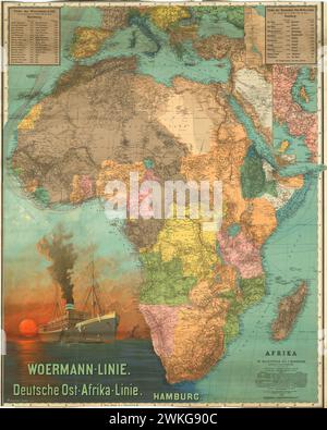 Mappa poster vintage, Woermann-Linie. Linea Deutsche Ost-Afrika. 1902. Poster cartografico dell'Africa che mostra il layout politico subito dopo la guerra boera Foto Stock