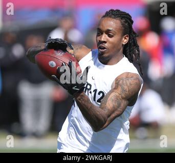 Metairie, Stati Uniti. 20 febbraio 2024. Il wide receiver R.J. Mobley (Winston Salem State) riceve un passaggio durante l'Allstate HBCU Legacy Bowl NFL Combine al New Orleans Saints Ochsner Sports Performance Center di Metairie, Louisiana, lunedì 19 febbraio 2024. (Foto di Peter G. Forest/Sipa USA) credito: SIPA USA/Alamy Live News Foto Stock