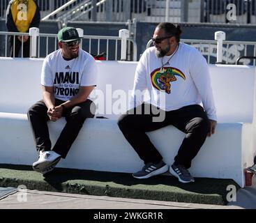 4 novembre 2023 - le Hawaii allenano Roman Sapolu e ETI Ena prima di una partita tra i Nevada Wolfpack e gli Hawaii Rainbow Warriors al MacKay Stadium di Reno, NV - Michael Sullivan/CSM Foto Stock