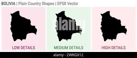 Bolivia - forma di campagna pianeggiante. Mappe dettagliate bassa, media e alta della Bolivia. Illustrazione del vettore EPS8. Illustrazione Vettoriale