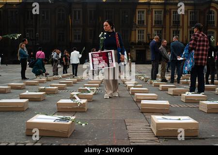 Bogotà, Colombia. 20 febbraio 2024. Le persone si riuniscono e mettono fiori su scatole di cartone che simboleggiano le bare durante una manifestazione contro gli assassini dei firmatari della pace e dei leader sociali, in piazza Bolivar a Bogotà, Colombia, 20 febbraio 2024. Foto di: Sebastian Barros/Long Visual Press credito: Long Visual Press/Alamy Live News Foto Stock