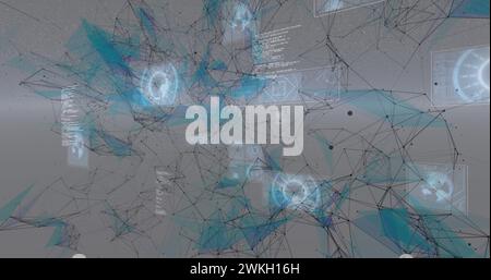 Immagine della rete di connessioni e oscilloscopi che esegue la scansione su schermo digitale Foto Stock