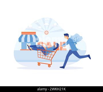 L'uomo spinge il carrello con una donna. Grandi sconti per lo shopping. illustrazione moderna vettoriale piatta Illustrazione Vettoriale