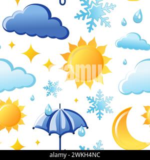 Simpatico motivo vettoriale senza cuciture con icone di nuvola, sole, luna e stella. Sfondo giallo/blu con design piatto. Per scrapbooking, vestiti per bambini, vestire un Illustrazione Vettoriale