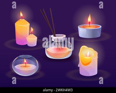 Candele e diffusore di profumo con bastoncini. Set illustrativo vettoriale cartoni animati a lume di candela colorato per aromaterapia in vaso di vetro e contenitore con fragranza Illustrazione Vettoriale