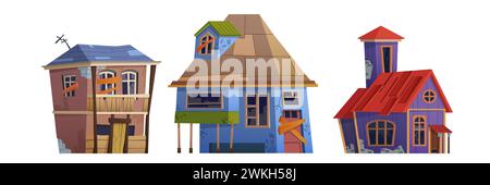Case abbandonate rotte con finestre e porte chiuse con pannelli di legno, pareti sporche incrinate con muschio, tetto danneggiato. Set vettoriale di cartoni animati con case in rovina e baracca fatiscente. Illustrazione Vettoriale