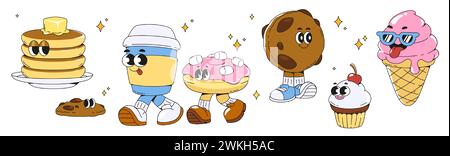 Personaggi da dessert ben curati, isolati su sfondo bianco. Fumetto vettoriale raffigurante mascotte retrò del ristorante, dolci, pancake, biscotti al cioccolato, ciambelle, gelato, muffin, tazza di caffè sorridente Illustrazione Vettoriale